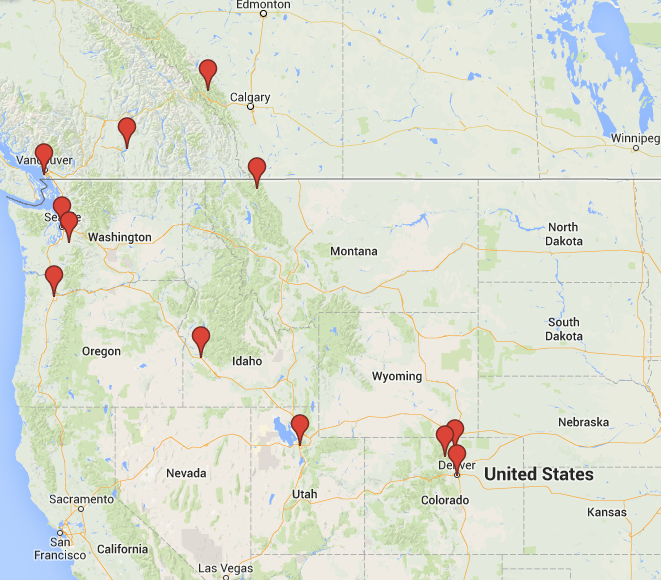 Road trip map with points in Oregon Washington BC Montana Idaho Utah and Colorado