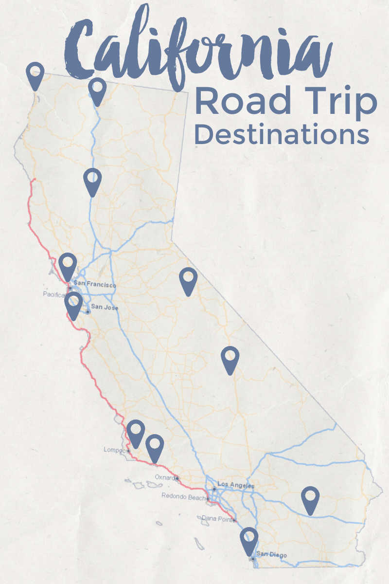 California Road Trip destinations map 