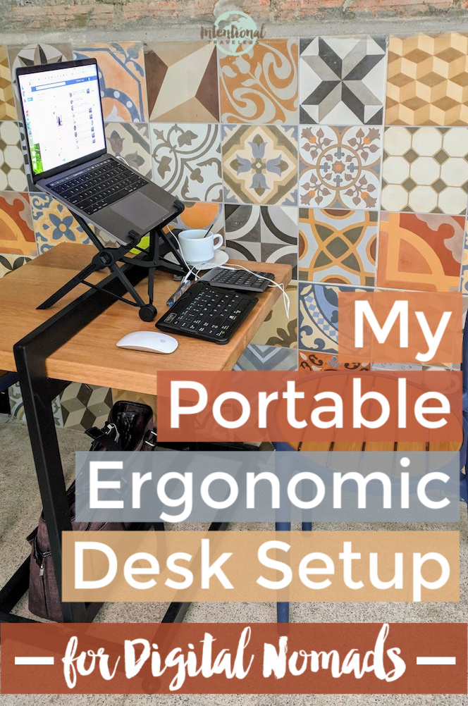 My portable ergonomic desk setup - lightweight and mobile wireless mouse, wireless ergonomic keyboard, collapsible laptop stand, and laptop bag - workspace essentials for digital nomads