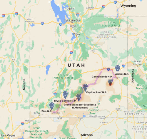 Utah National Parks road trip map - Utah itinerary