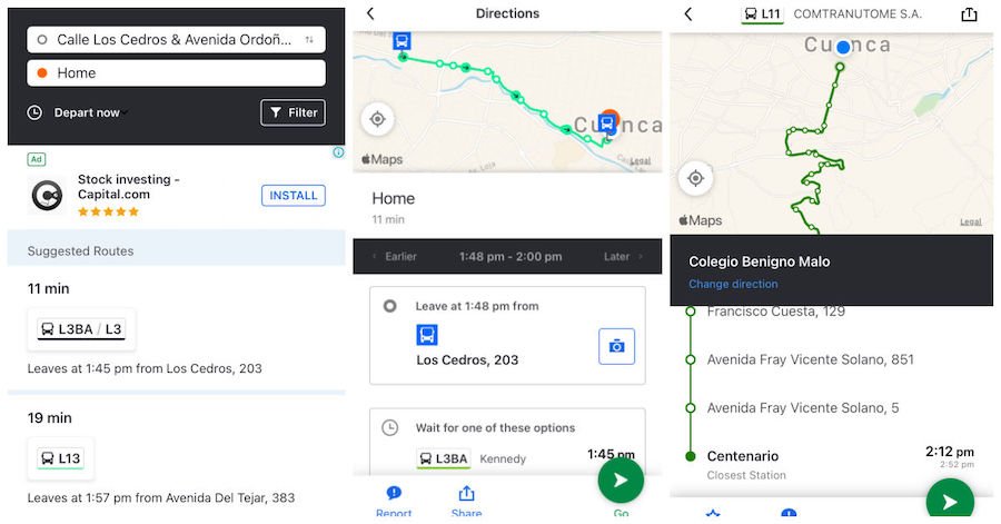 moovit app screenshots for bus routes in Cuenca
