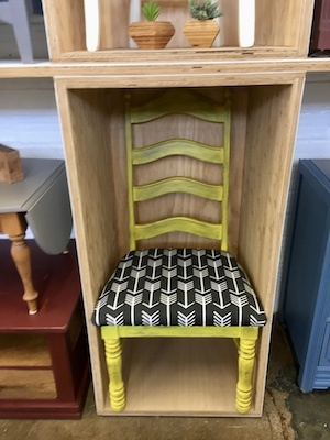 hand crafted yellow chair with print cushion at Sparrow Furniture shop