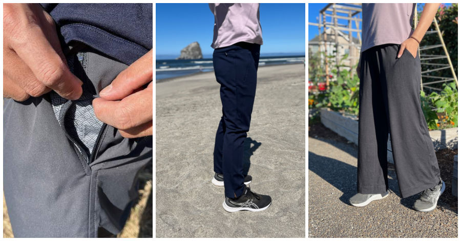collage of mens and womens travel pants by Bluffworks | Intentional Travelers