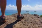 Jedd's hiking shoes on trail in Hawaii overlooking Lanikai