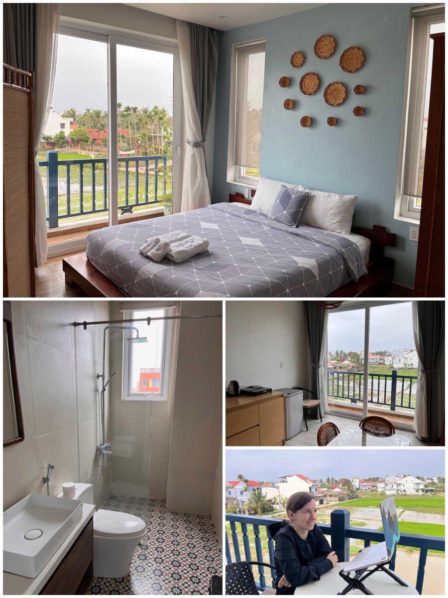 collage of Present Home studio apartment furnished bedroom, bathroom, balcony, kitchenette
