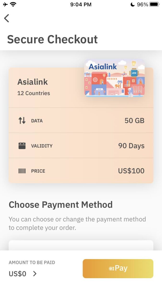 Airalo esim app AsiaLink purchase page