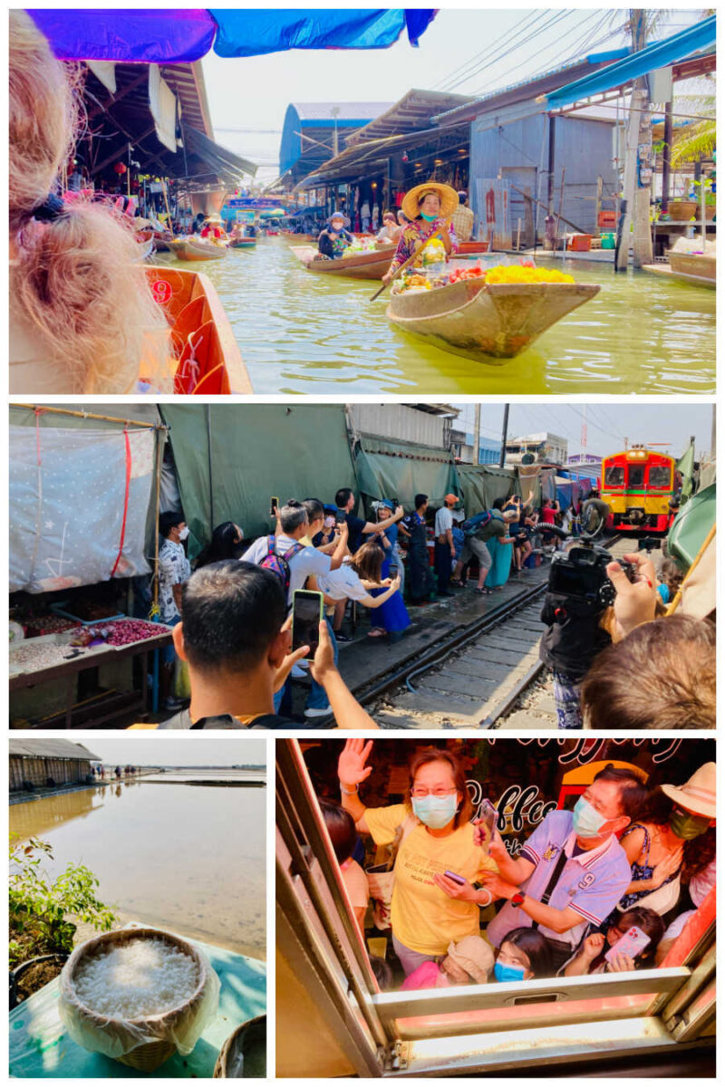 Collage of Bangkok Railway Market and Floating Market day tour experiences with GoCity Card