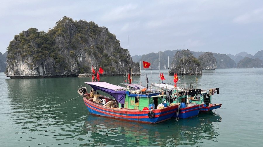 colorful Vietnamese fishing boats in Halong Bay Vietnam