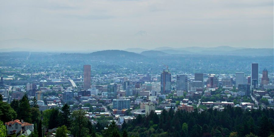 Portland Oregon city skyline from Council Crest hilltop