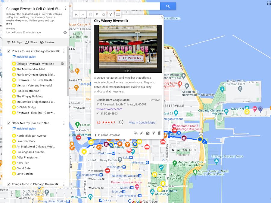Chicago Riverwalk Map and walking route screenshot