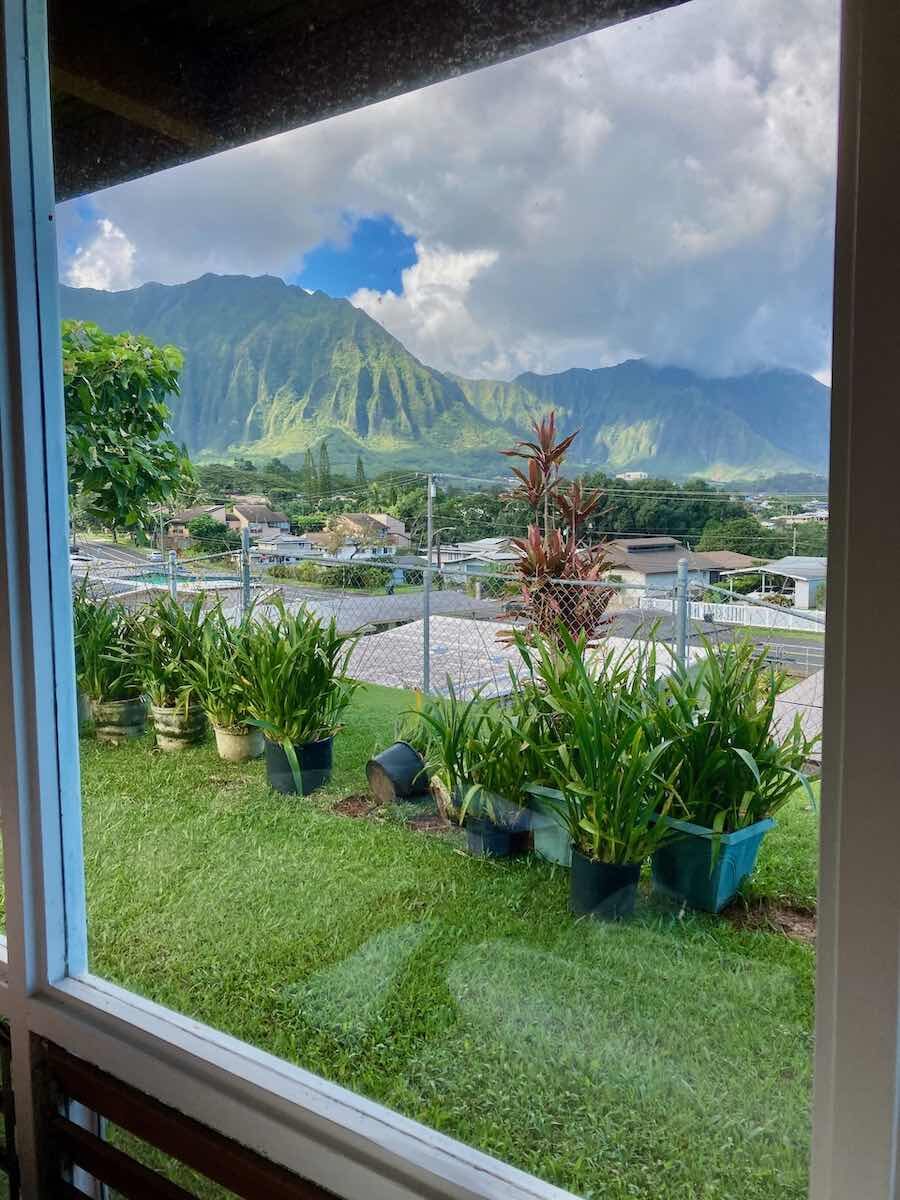 window view of tropical garden and Ko'olau mountains on Oahu