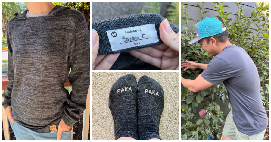 PAKA apparel collage - alpaca sweater, socks, blend t-shirt, and "made by Sandra" label