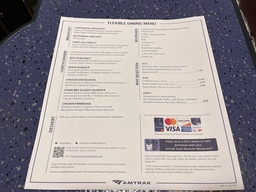 Amtrak Crescent dining menu
