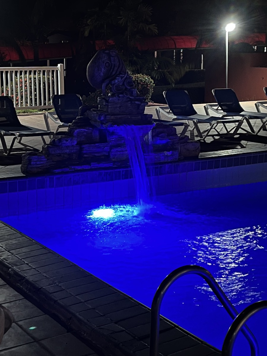 pool and fountain at night