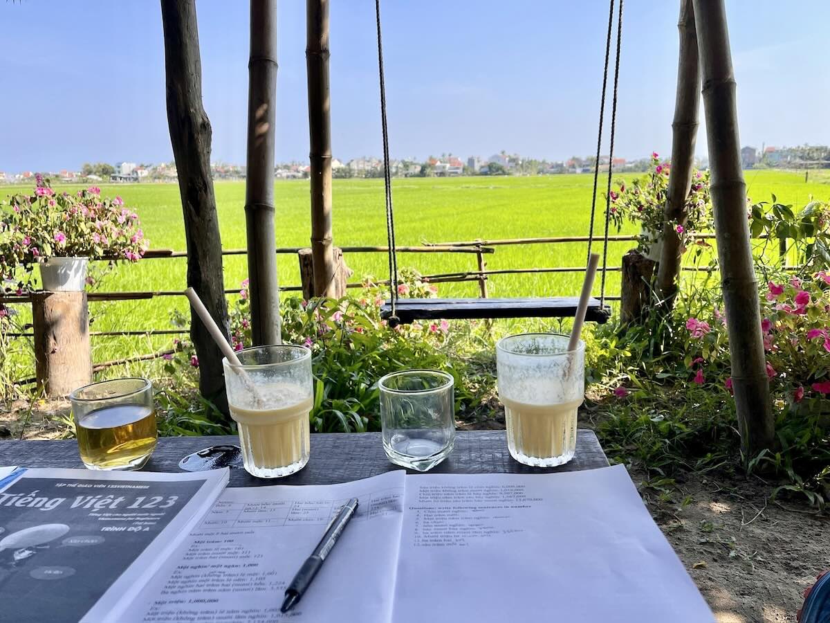 Hoi An rice fields cafe with smoothies on table, swing and bright green rice fields background