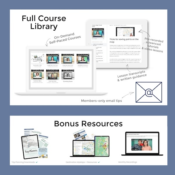 toolkit - full course library mockup, bonus resources - trip planning downloads, destination maps checklists, monthly recordings