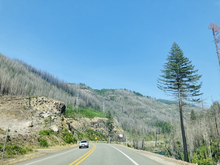 Drive to Central Oregon with car on a two-lane highway through mountainous landscape under a bright blue sky. 