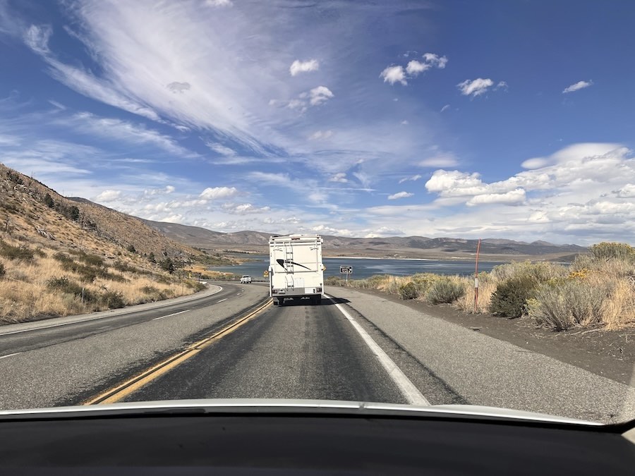 highway with california desert and lake