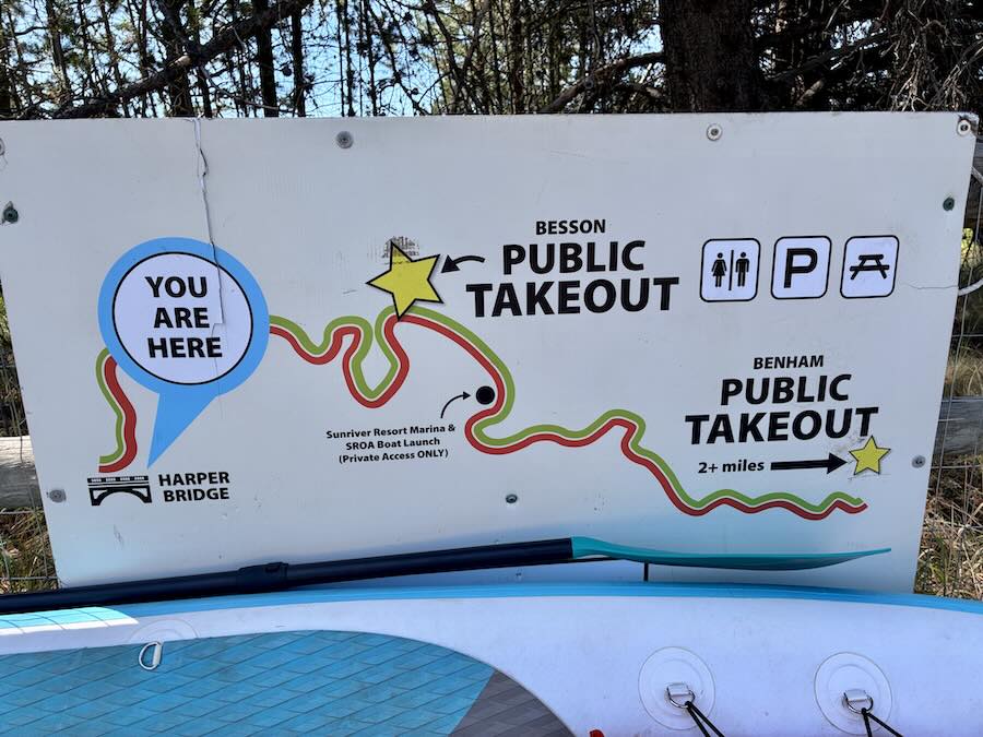 sign near river with float route