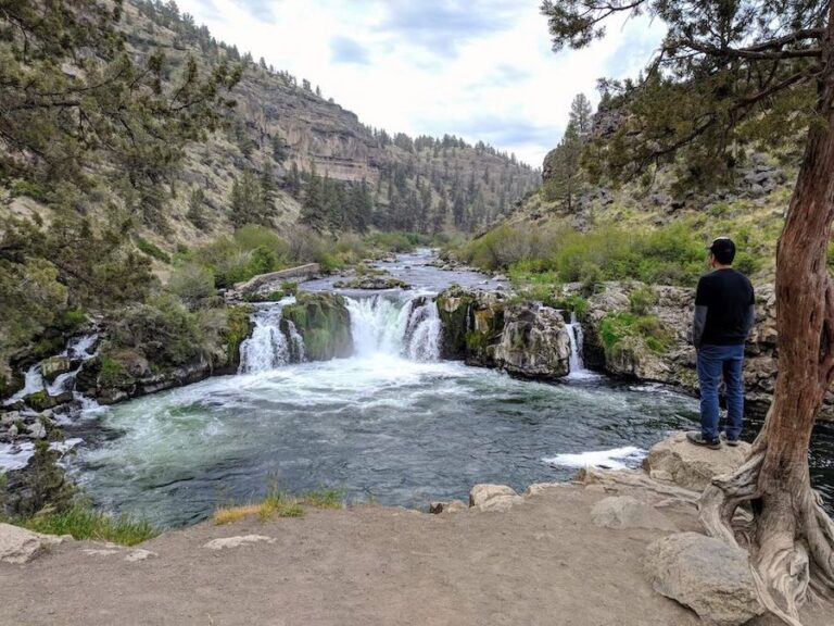 Jedd looking from rock viewpoint to waterfall pool