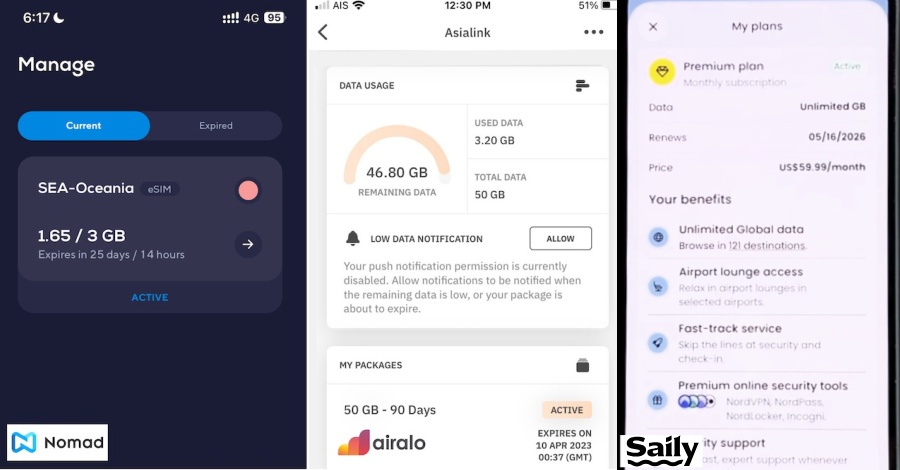 screenshots of travel esim apps data usage stats
