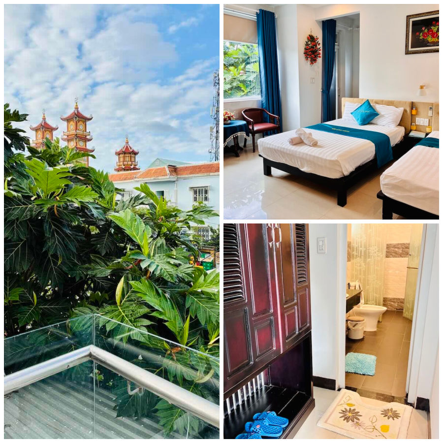 FlameFlowers Homestay collage - bedroom, balcony view, bathroom