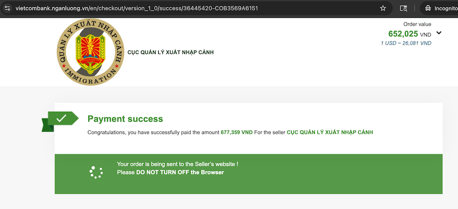 Vietnam evisa payment success screen