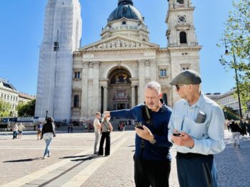 brothers in front of Budapest cathedral