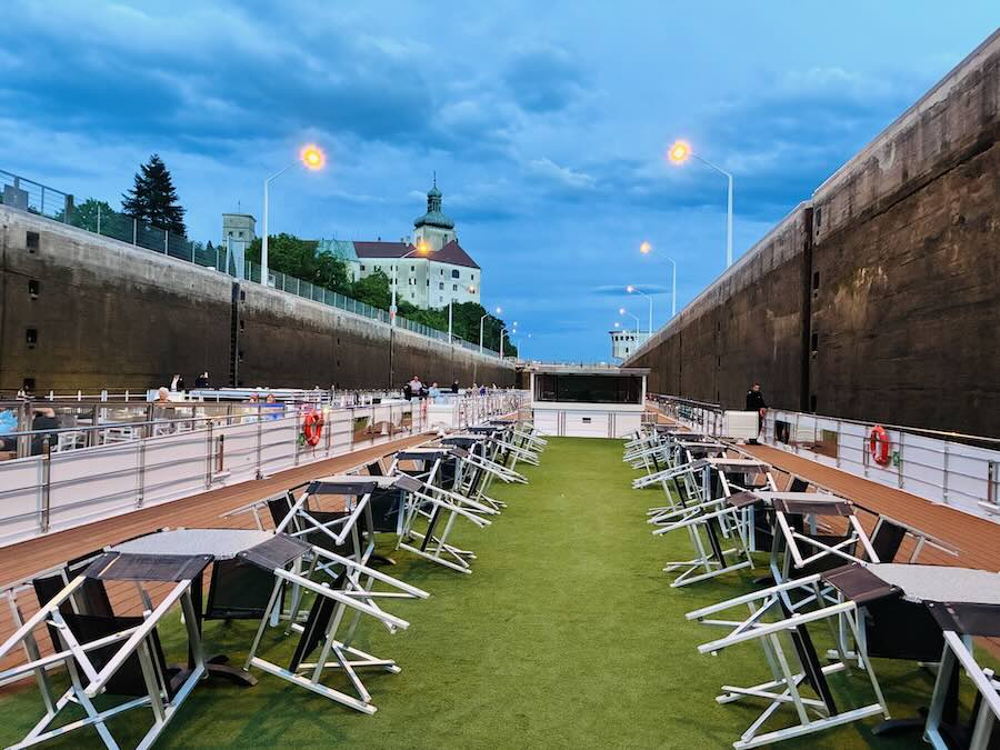 Emerald Sun deck in a lock at dusk