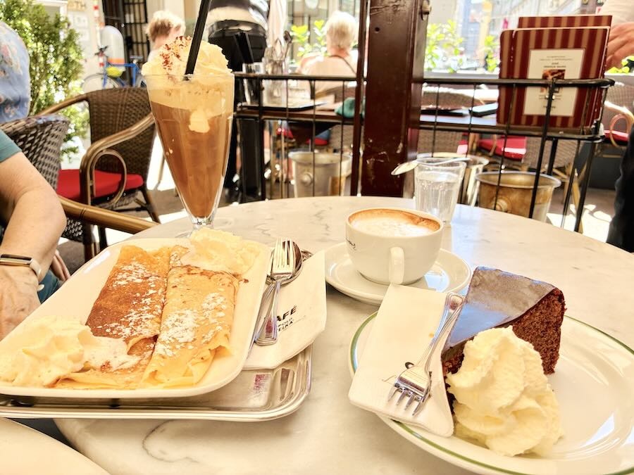cake, crepes, and coffee treats at Cafe Hawelka